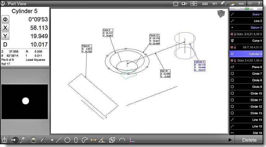 Bildschirm der MetLogix-M3-Software mit 3D-Ansicht einer Tastermessung